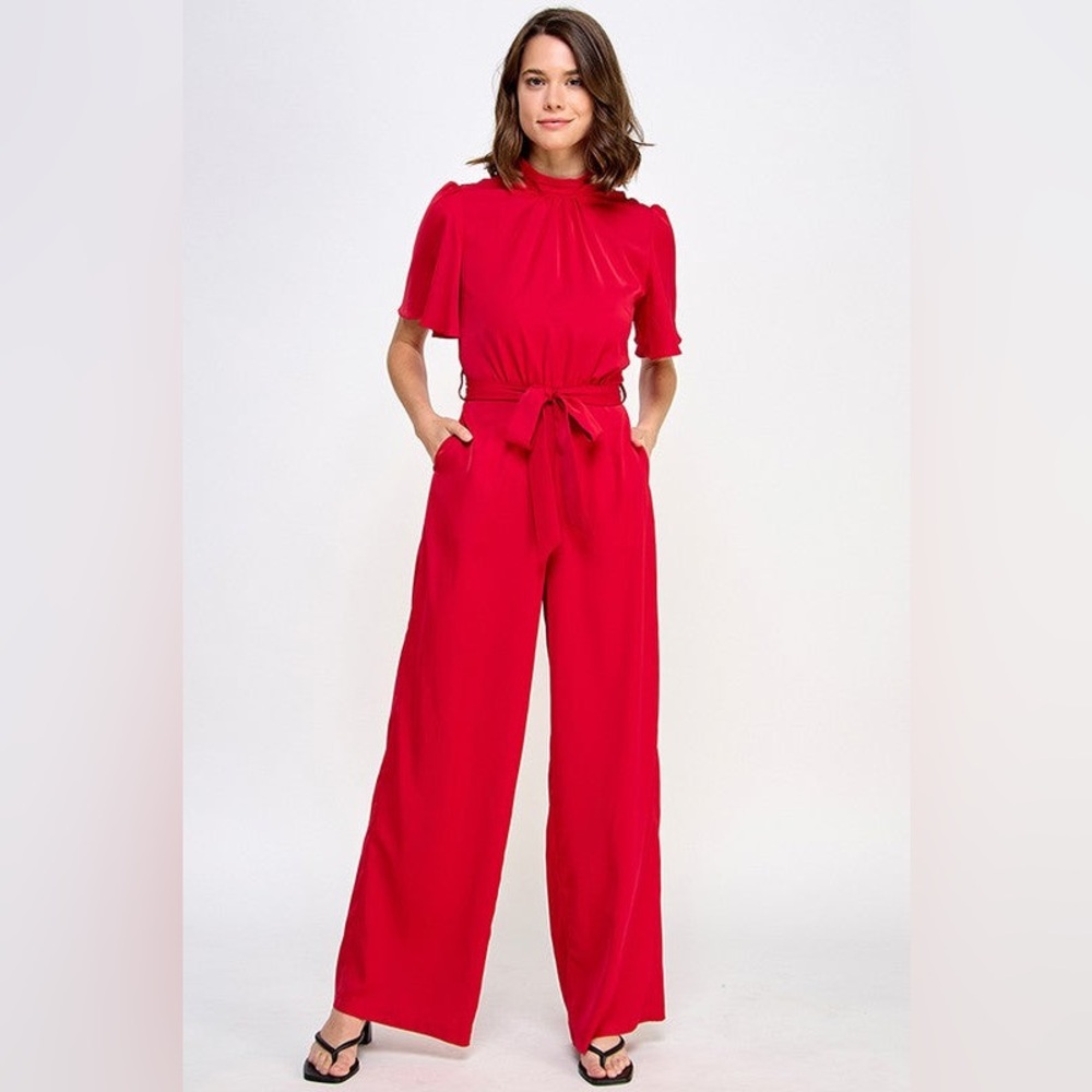 Elegant Red Wide-Leg Tie-Waist Jumpsuit